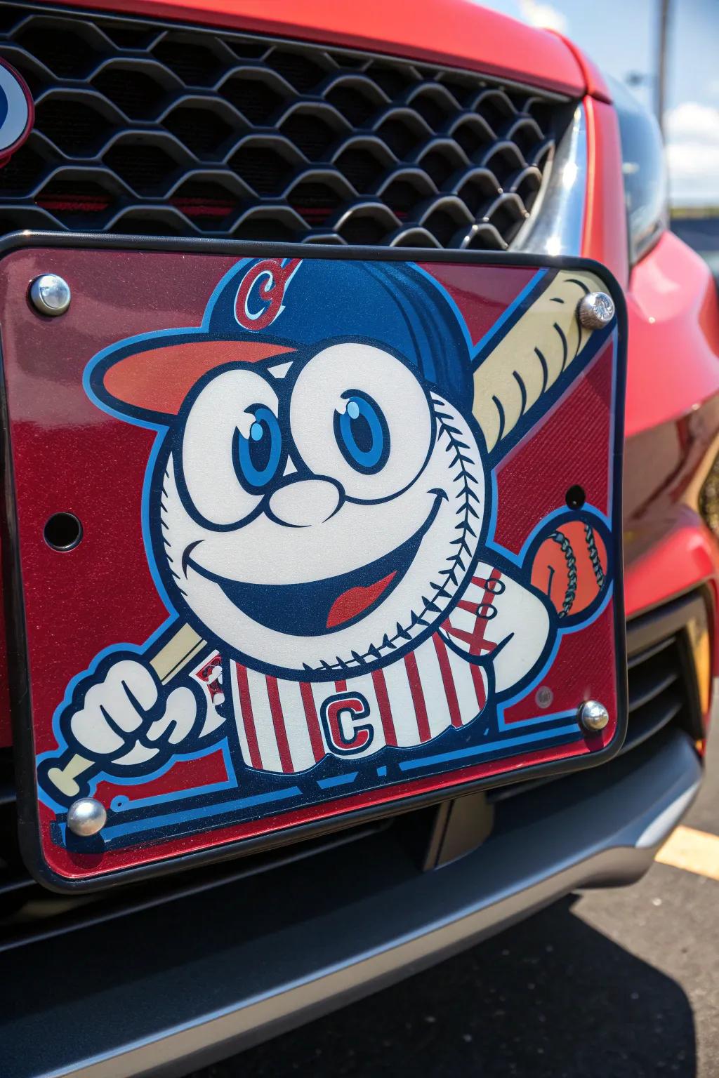 Present a whimsical touch to your transport with this animated baseball persona plate!