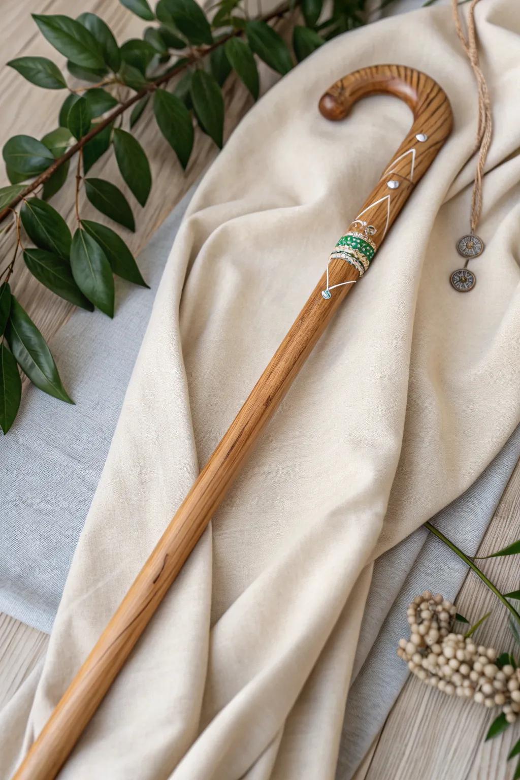 Elevate your walking stick artistry with the sparkle of inlaid stones, blending minimalist design with boho charm.