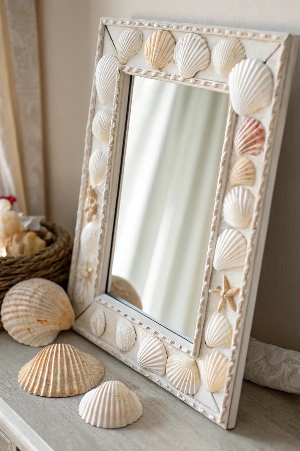 Bring the ocean's charm into your home with this stunning shell-adorned mirror frame.
