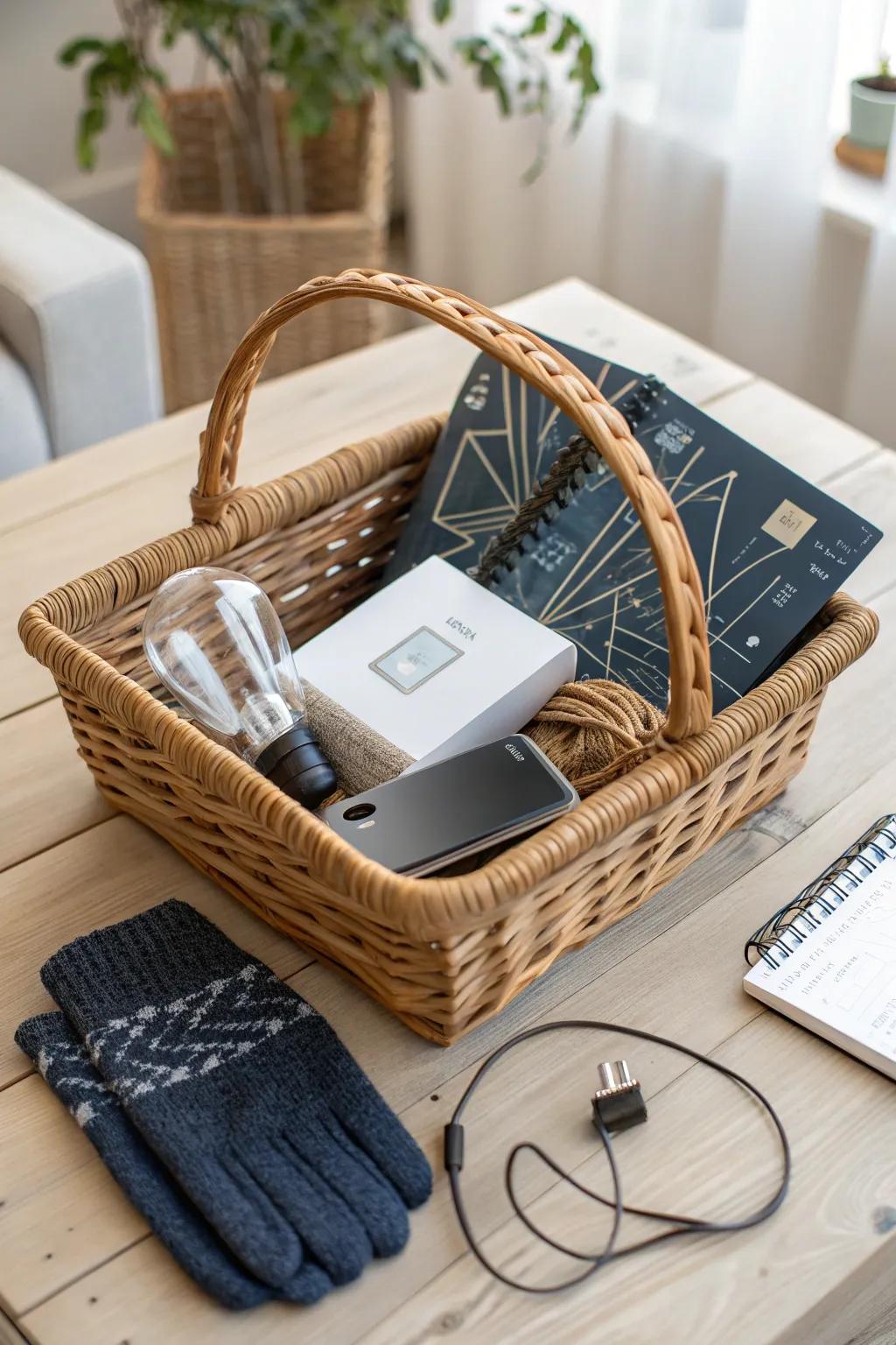 Enhance your gifting with a tech-inspired birthday basket that perfectly fuses functionality and style.