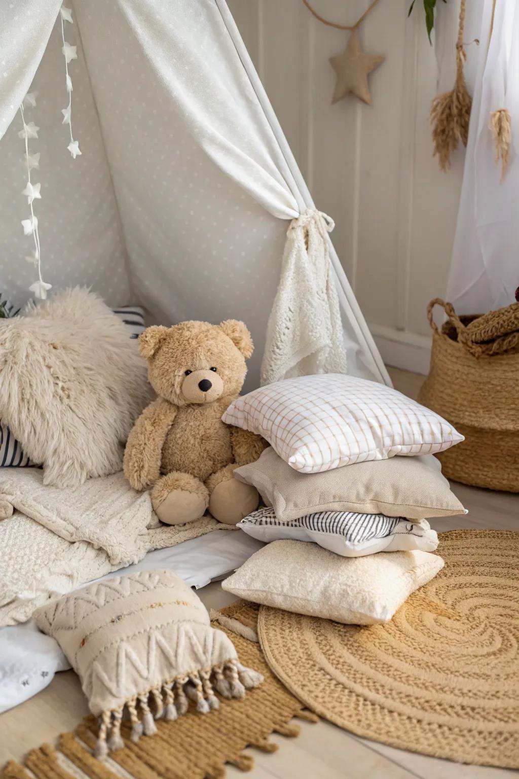 Forge a whimsical getaway with a plush companion in your hideaway.