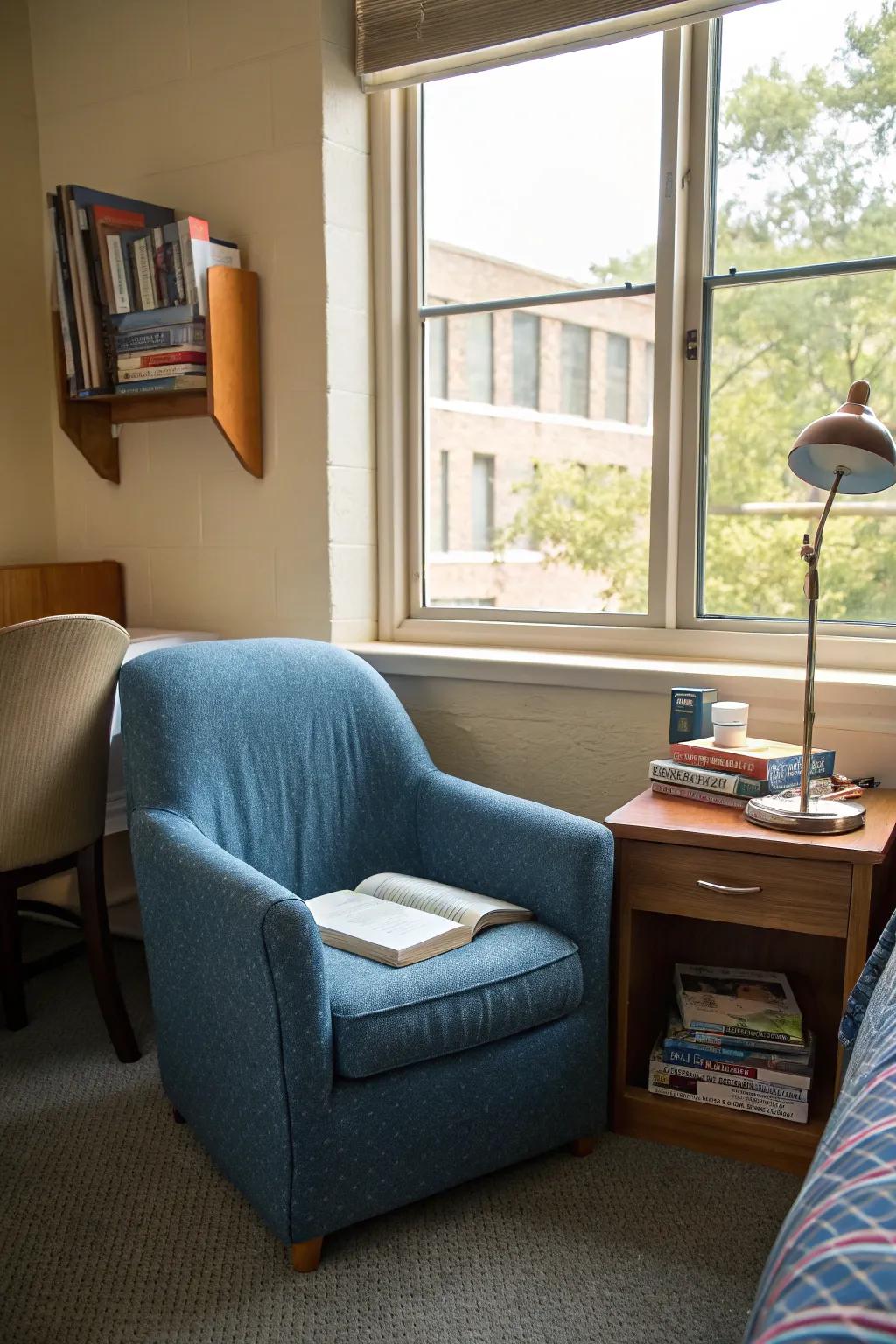 An azure fabric chair forges an intimate reading recess.