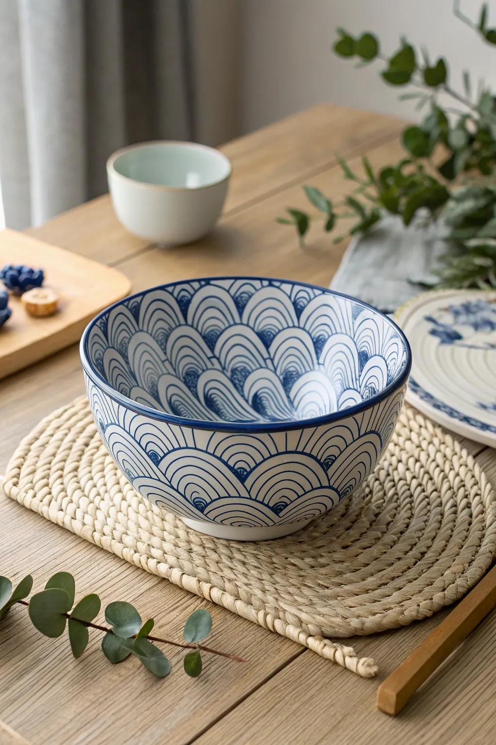 Embrace tranquility with Nipponese wave patterns in timeless indigo and alabaster.