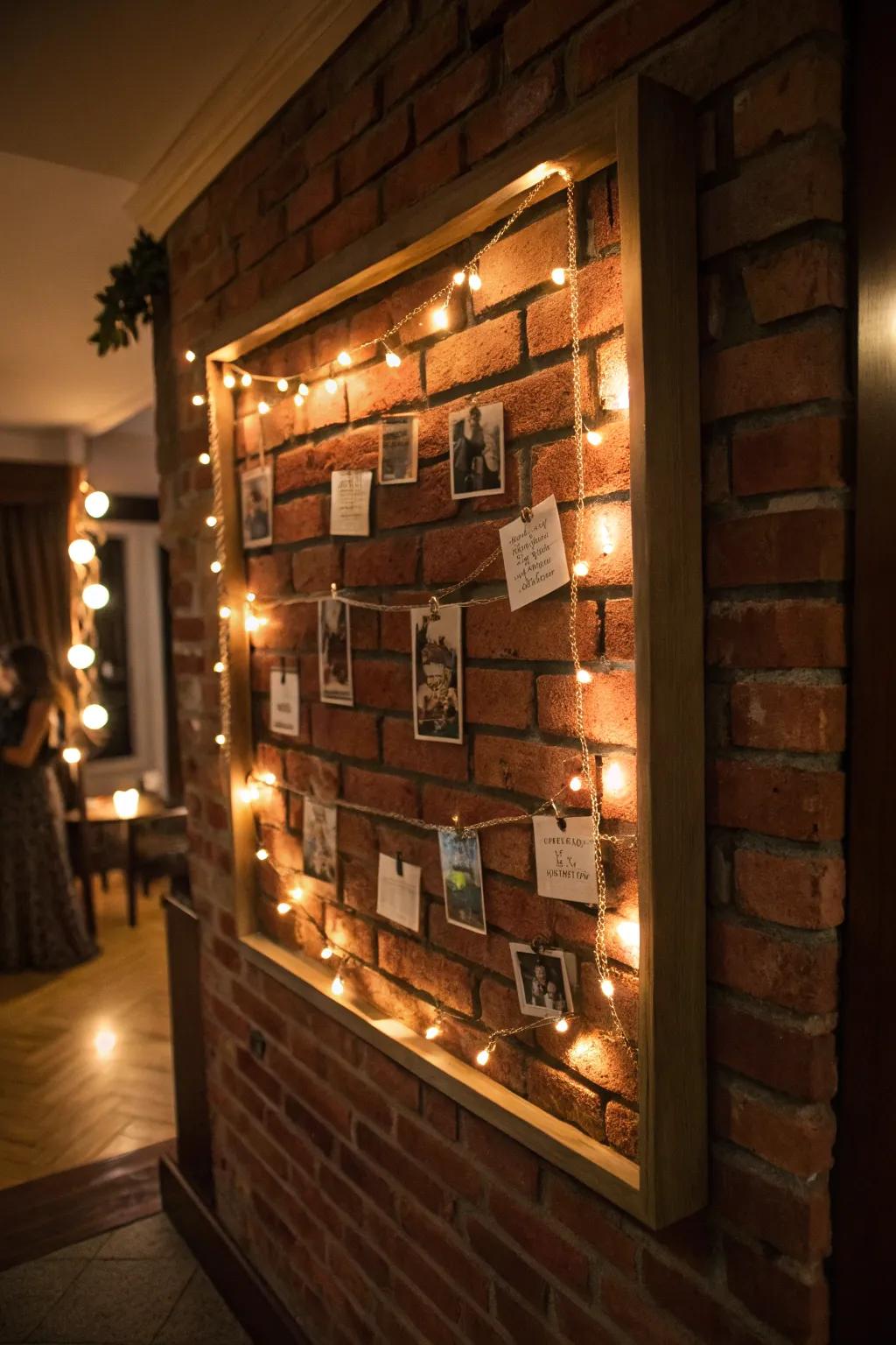 Illuminate your ideas with a rustic brick bulletin board and fairy lights for a touch of magic.