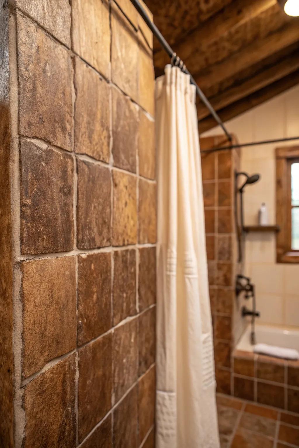 A weathered aesthetic appends vintage charm and persona to chocolate tile showers.