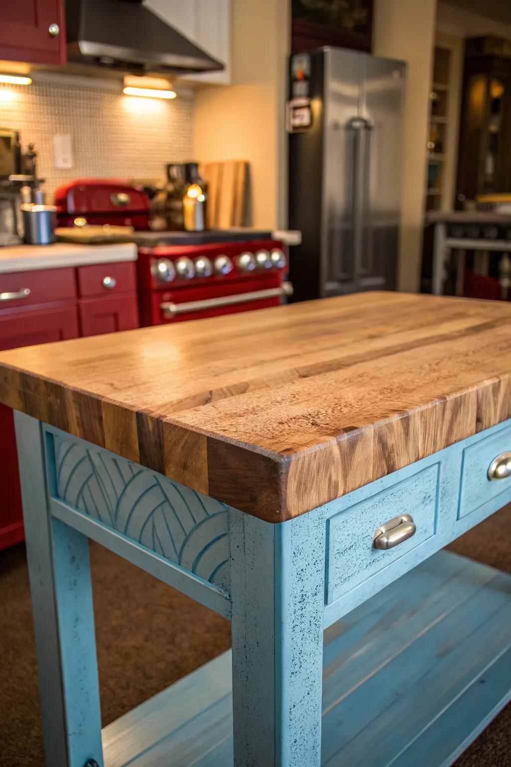 Elevate your area with a vintage azure butcher block - where artistry encounters traditional charm.