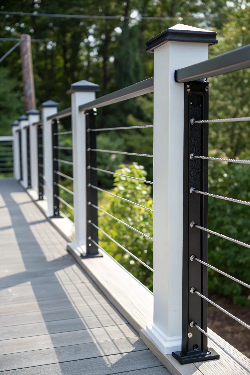 Transform your outdoor space with striking black and white wire railing contrasts, where craftsmanship meets bold design.