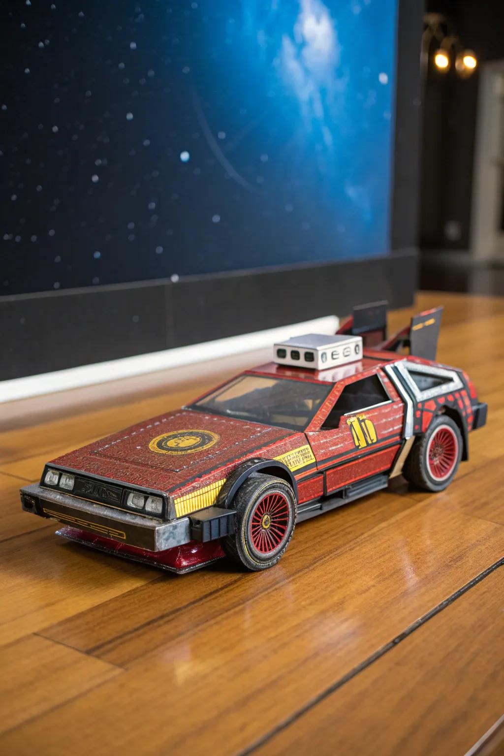 Blast off into adventure with this iconic sci-fi cardboard race car, where imagination fulfills craftsmanship!