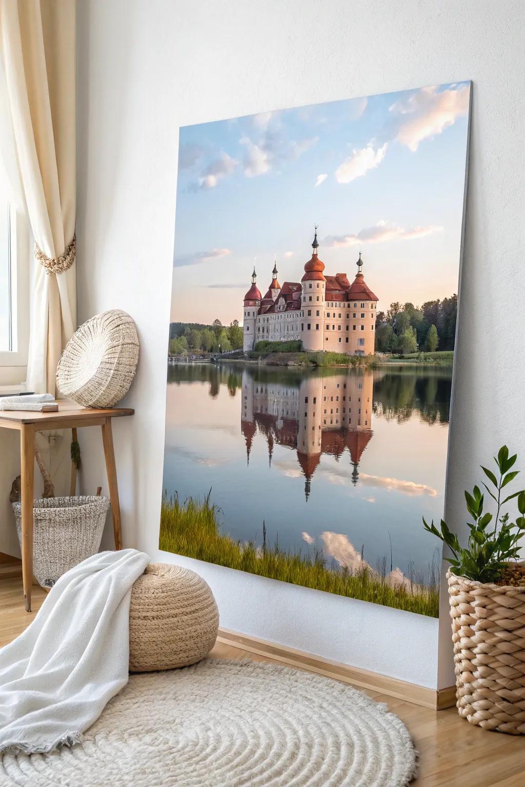 Immerse yourself in the enchanting realm of mirrored reflections with this arresting castle artwork.