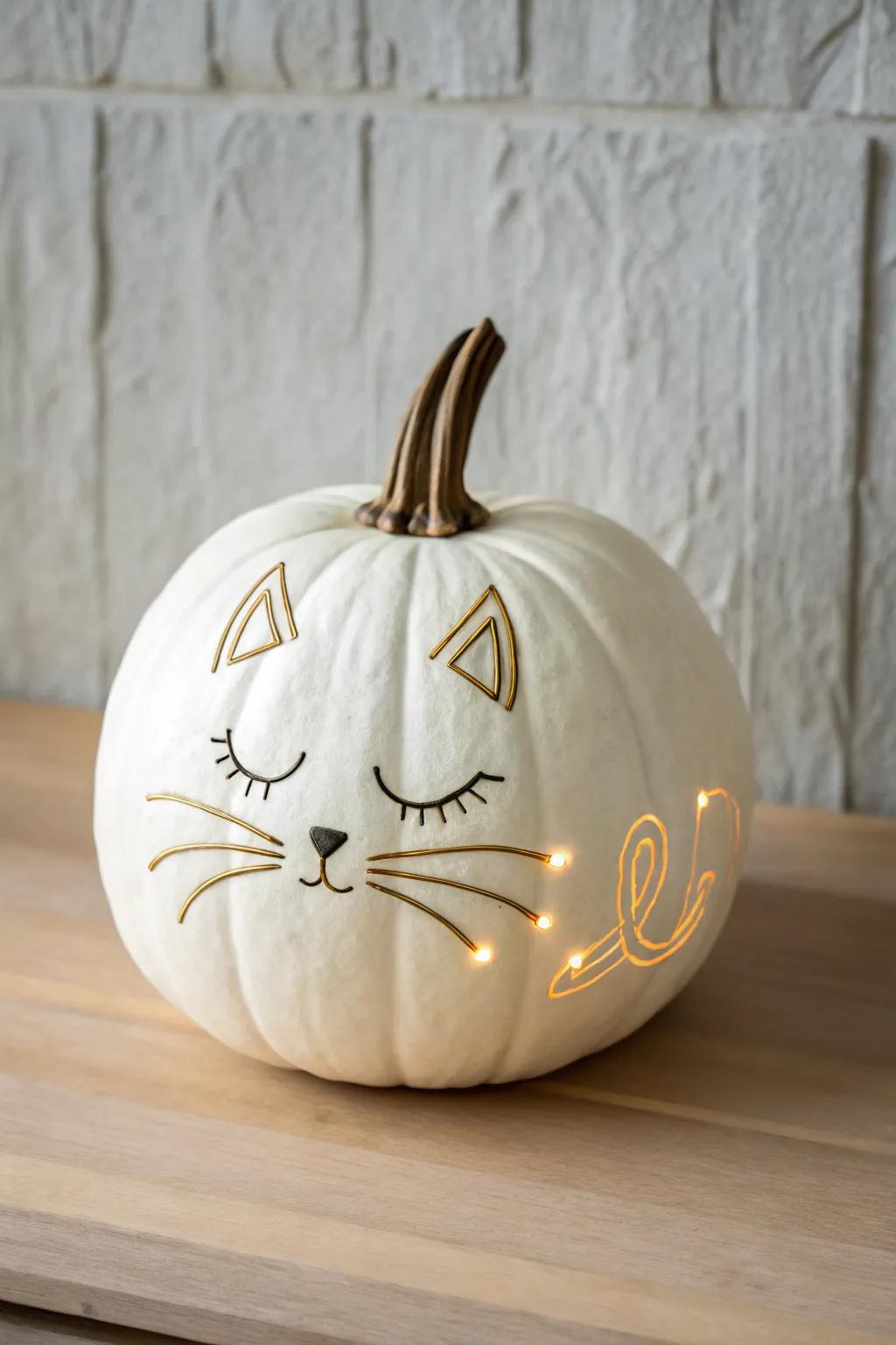 Brighten your night with this enchanting glow-in-the-dark feline pumpkin, a flawless fusion of minimalist beauty and boho charm!