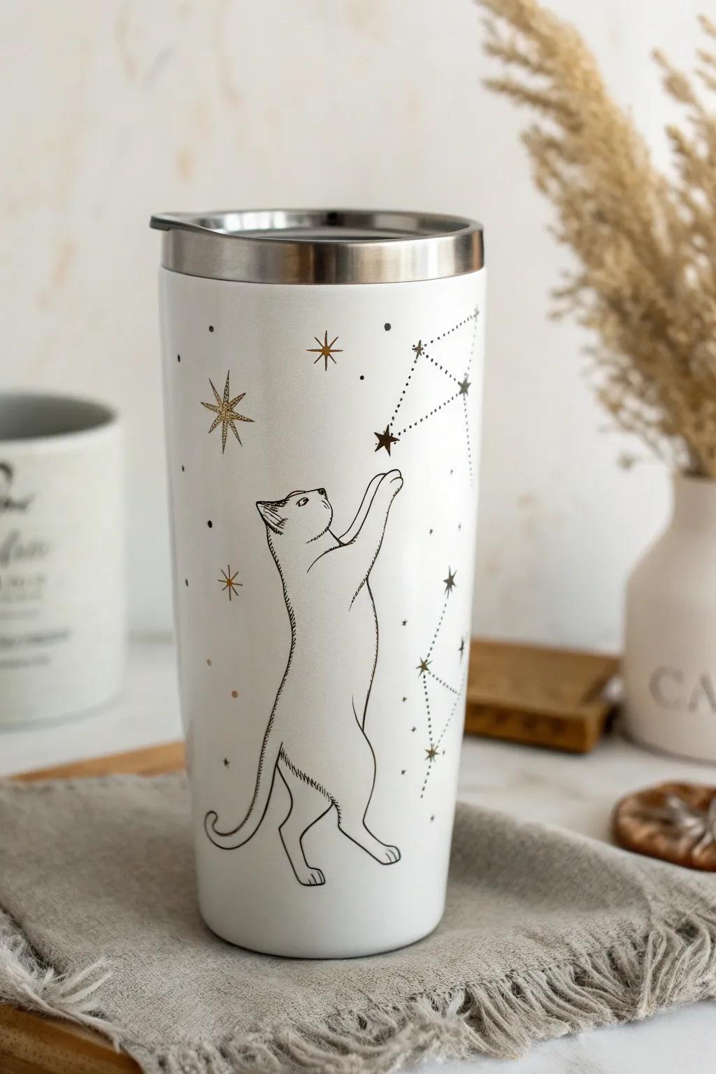 Sip in style with this celestial cat tumbler that brings the night sky to your fingertips.