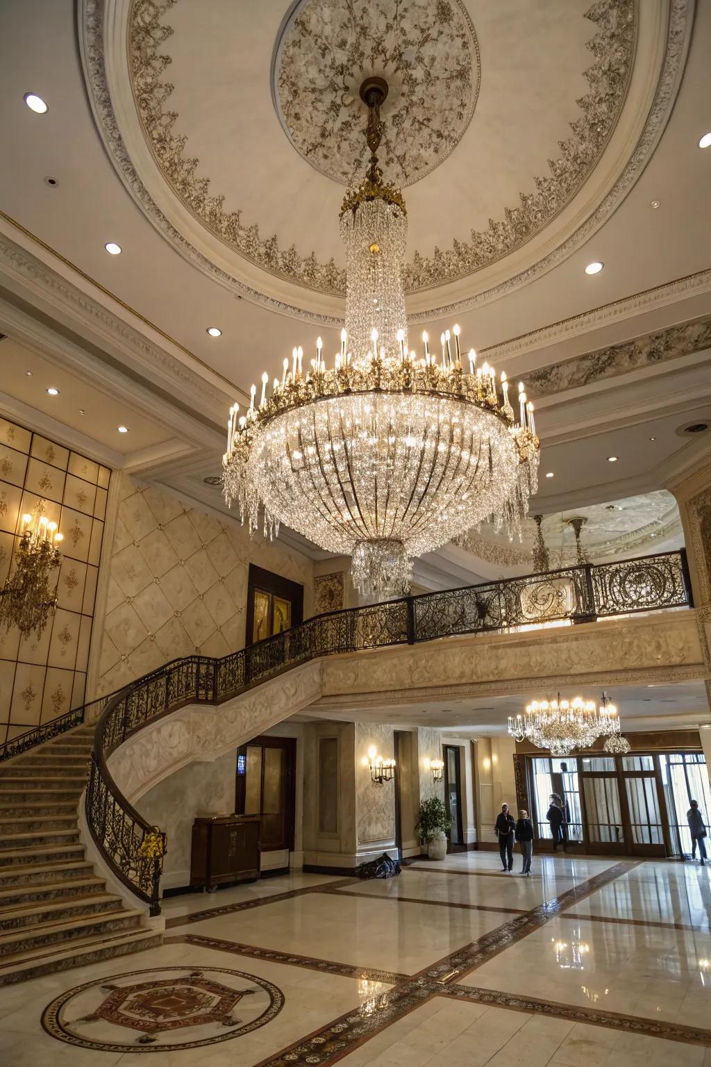 A grand entrance features a dramatic chandelier that makes a bold statement.