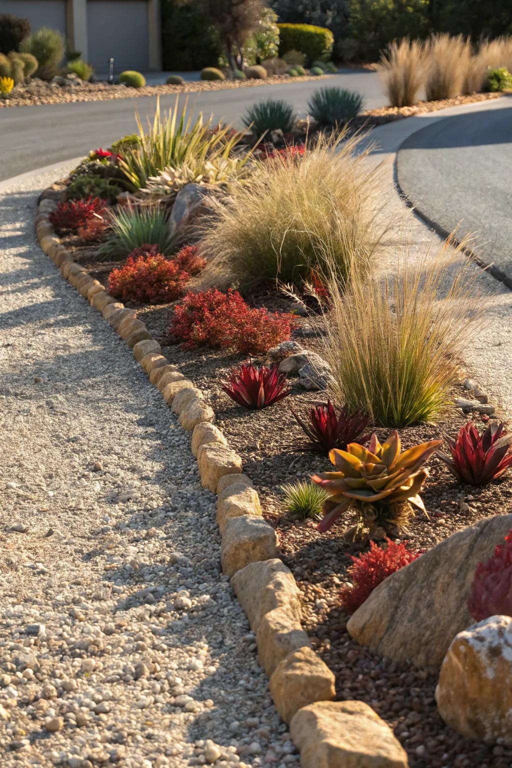 Enrich your driveway through a stunning xeriscaping border that unifies aesthetics and sustainability.