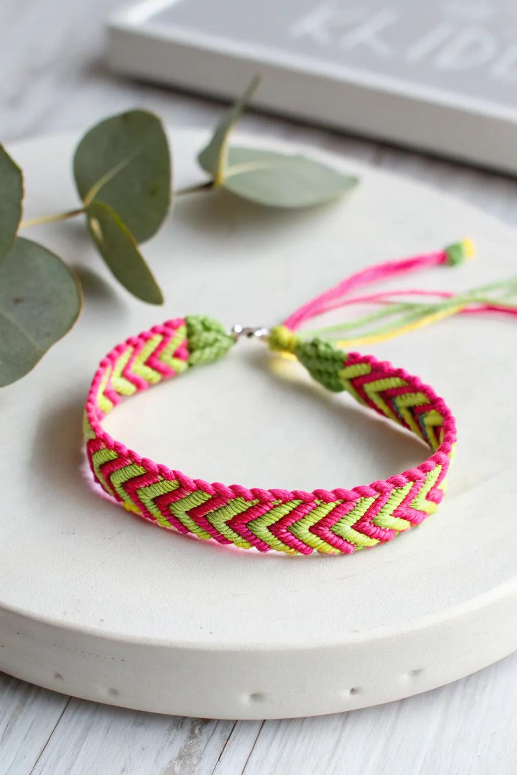 Incorporate a burst of neon flair with this handcrafted chevron wristband—where craftsmanship converges with vibrant aesthetic!