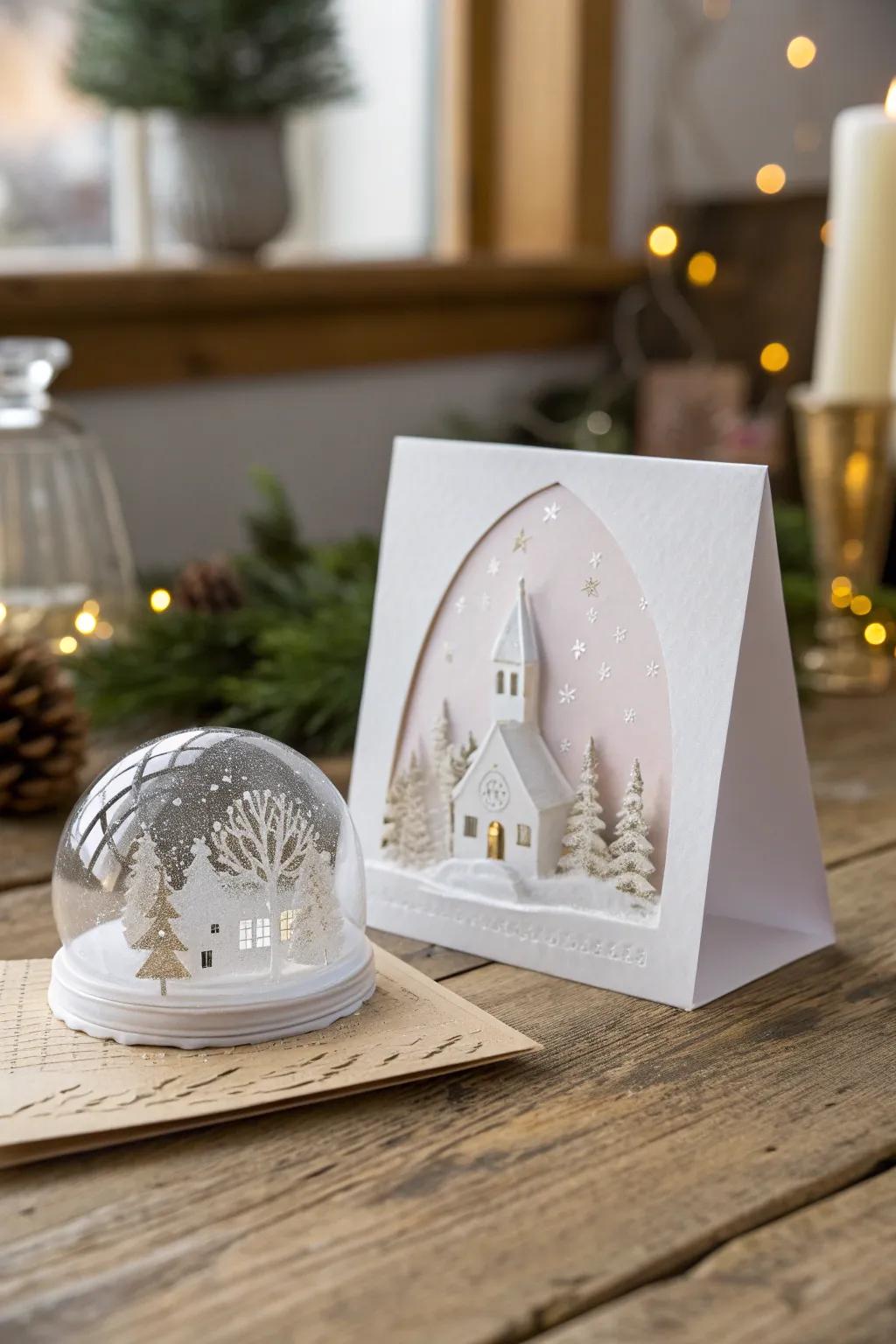 Capture the enchantment of a wintry panorama through this enthralling snow globe Christmas card tailored for youngsters.