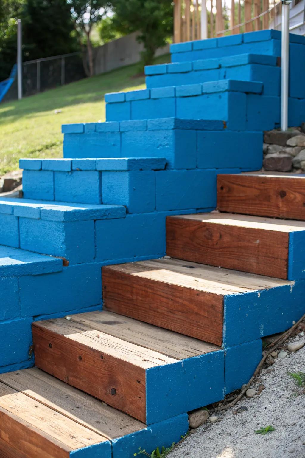 Elevate your outdoor space with these captivating asymmetrical steps, where bold colors converge with expert artistry.