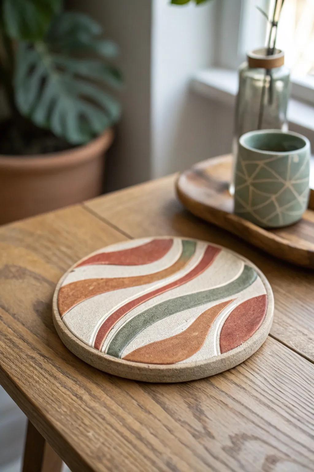 Enhance your table presentation with artful abstract clay coasters.