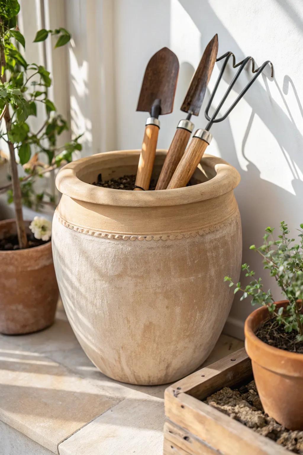 Revolutionize your garden outbuilding through this chic earthenware container horticultural implement organizer, coalescing sophistication and functionality.