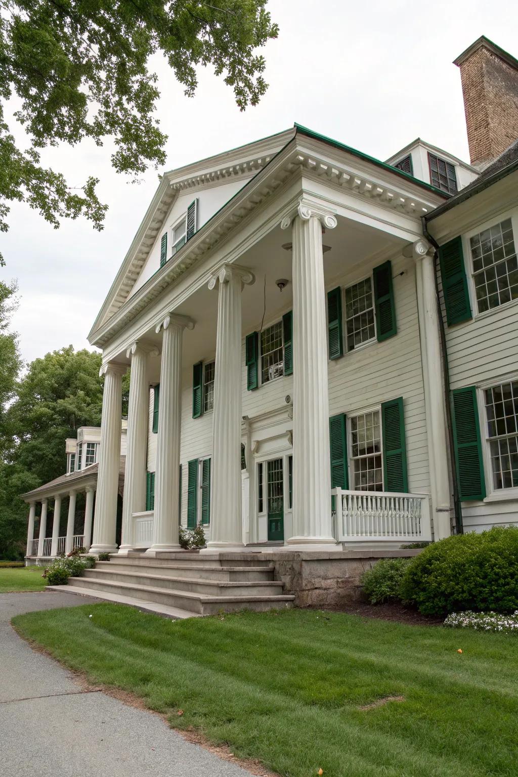 An imposing portico delivers shelter and an impressive focal point to colonial residences.