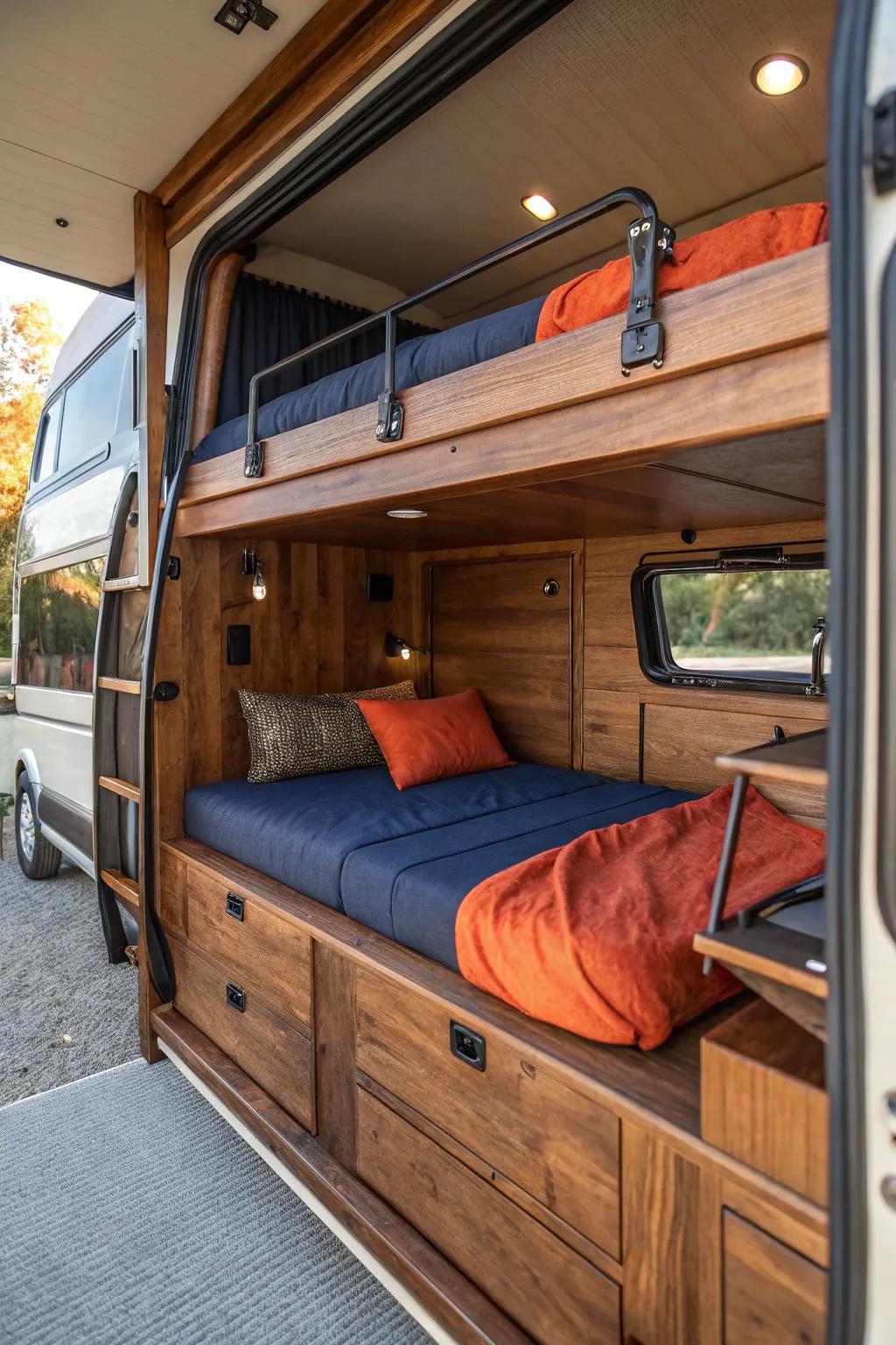 Change your van life with stylish lounge-convertible bunks—where skill meets comfort.
