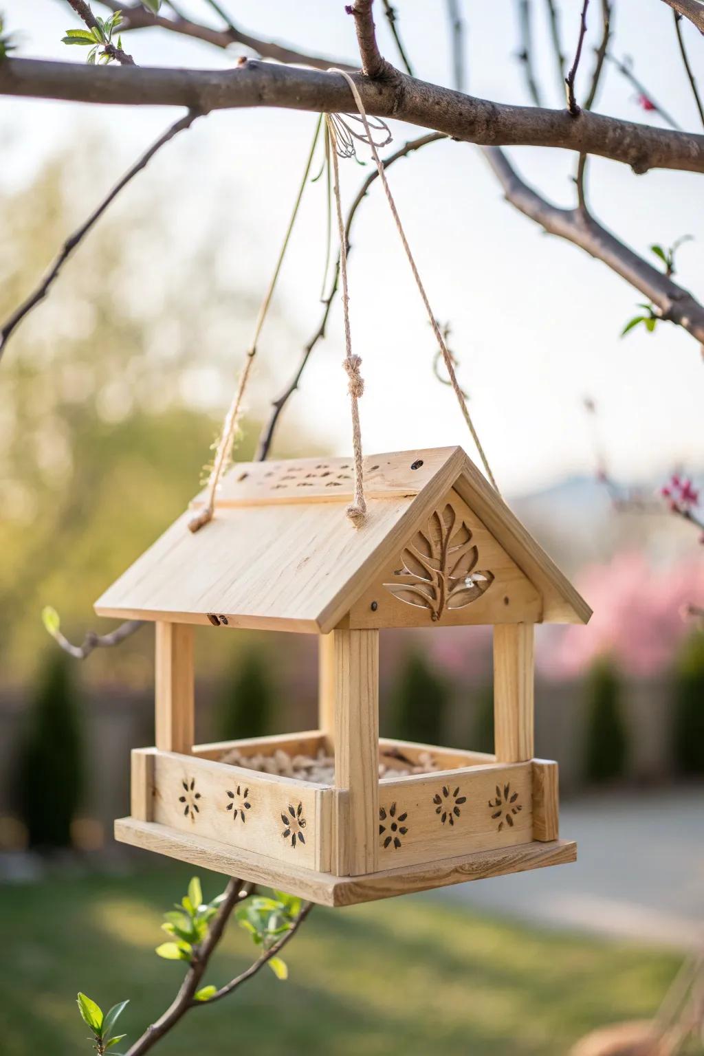 Summon nature's melody through an artisan avian feeder station, amalgamating Scandinavian minimalism with a hint of bohemian charm.