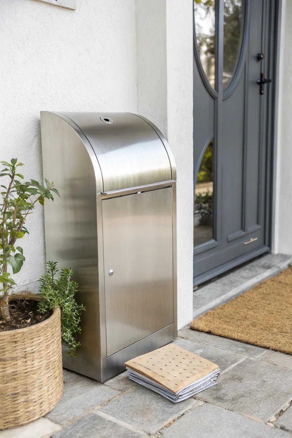 Elevate your curb presence with this stunning metallic mailbox design, where modern elegance meets natural charm.