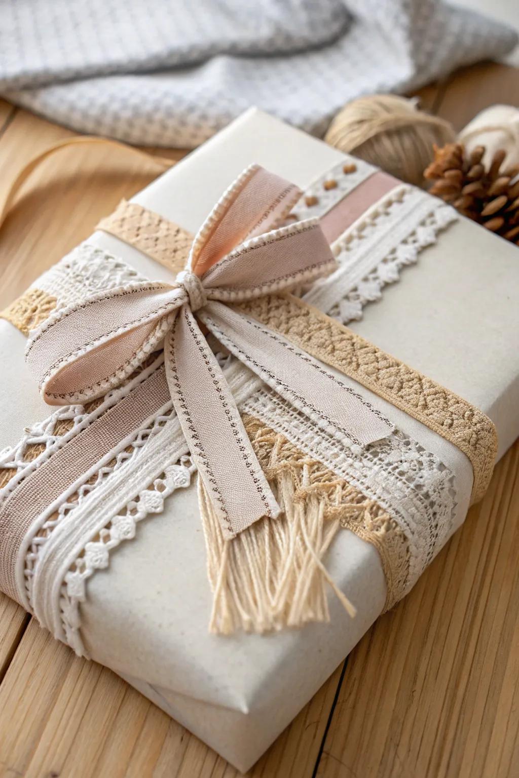 Elevate your gift wrapping game with beautifully layered ribbons for a touch of Scandinavian elegance.