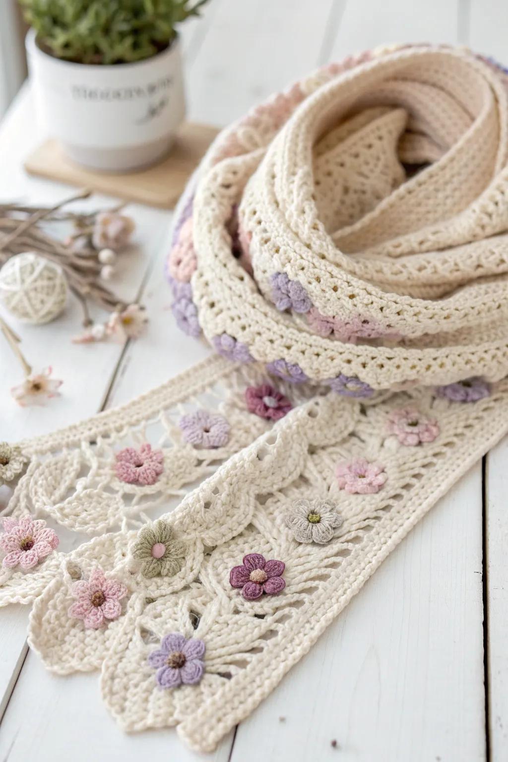 With these delicate crochet flower edges, you can give your scarf the feeling of springtime elegance.