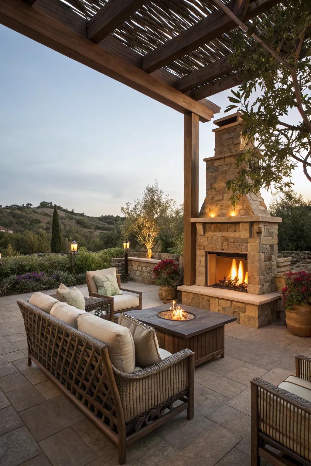 An inviting exterior hearth for year-round enjoyment.
