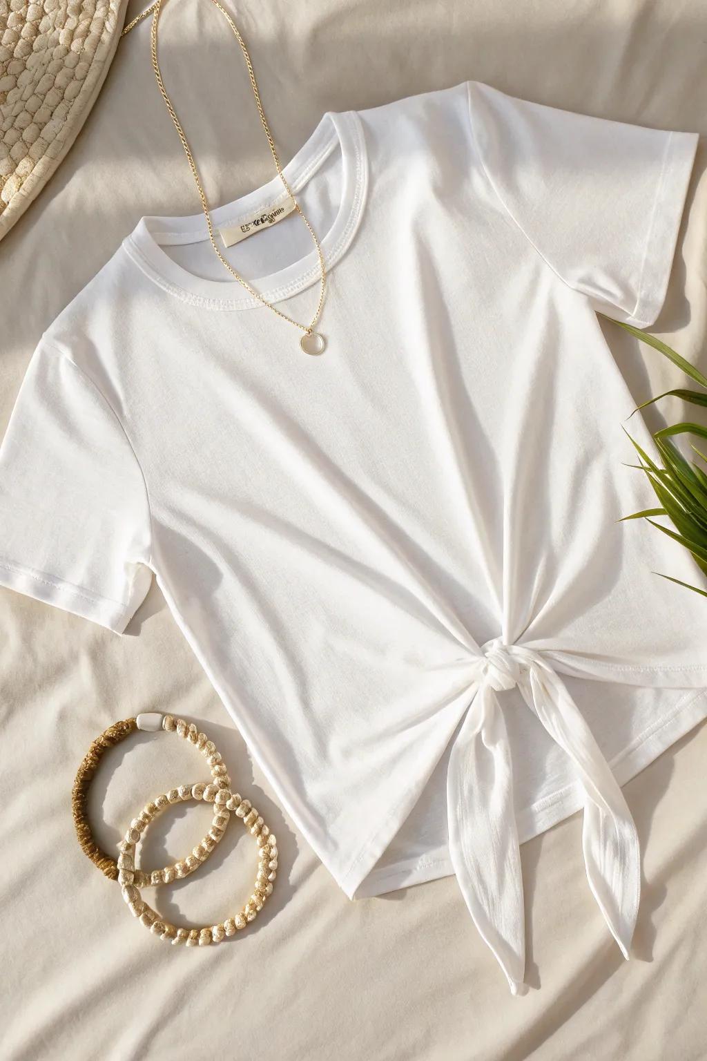 Elevate your style with a simple twist—discover the charm in simplicity with this modern T-shirt tie-top design.