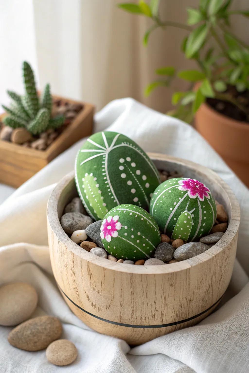Convey a fragment of whimsy to your decor with these enchanting pebble-painted cacti seeders—ideal for a Mother's Day token that never warrants watering!