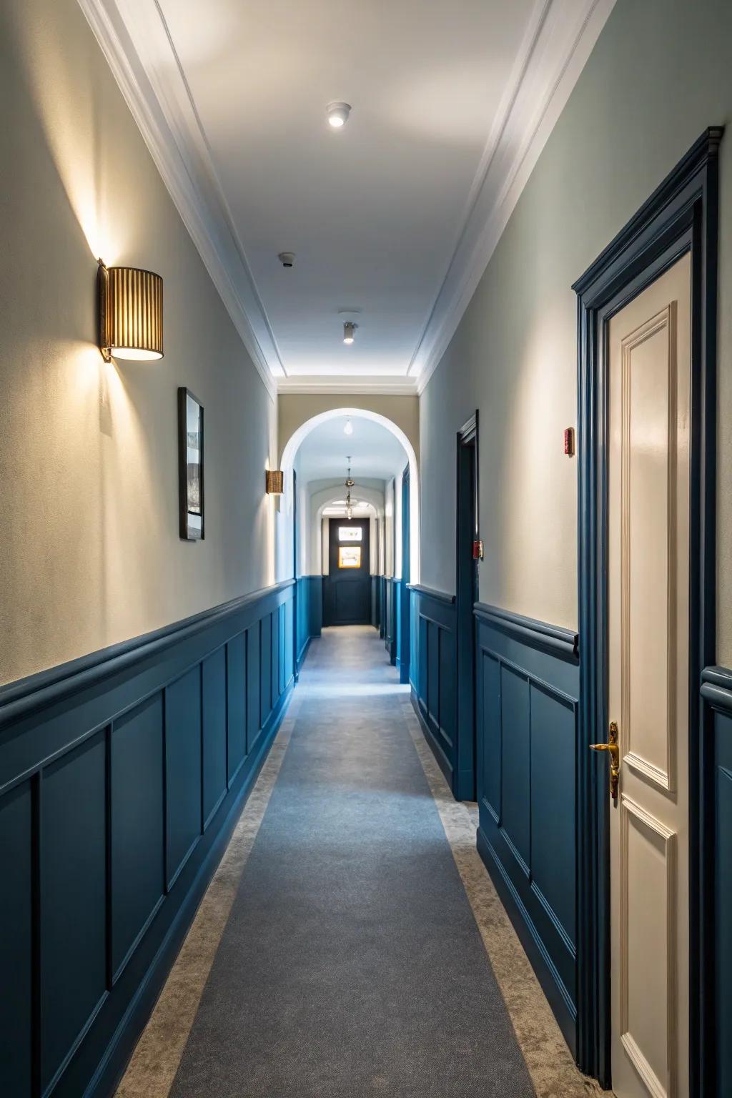 Bi-tonal walls introduce profundity and variance within a deep azure corridor.