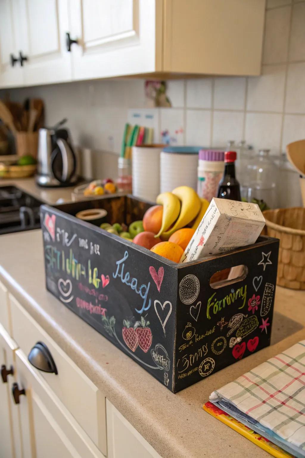 An interactive writing surface box, serving as playful household decor.