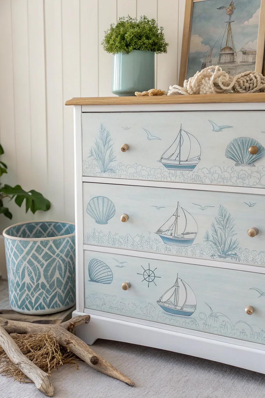 Embrace seaside serenity with this nautical-themed decoupage dresser, where simplicity meets natural beauty.