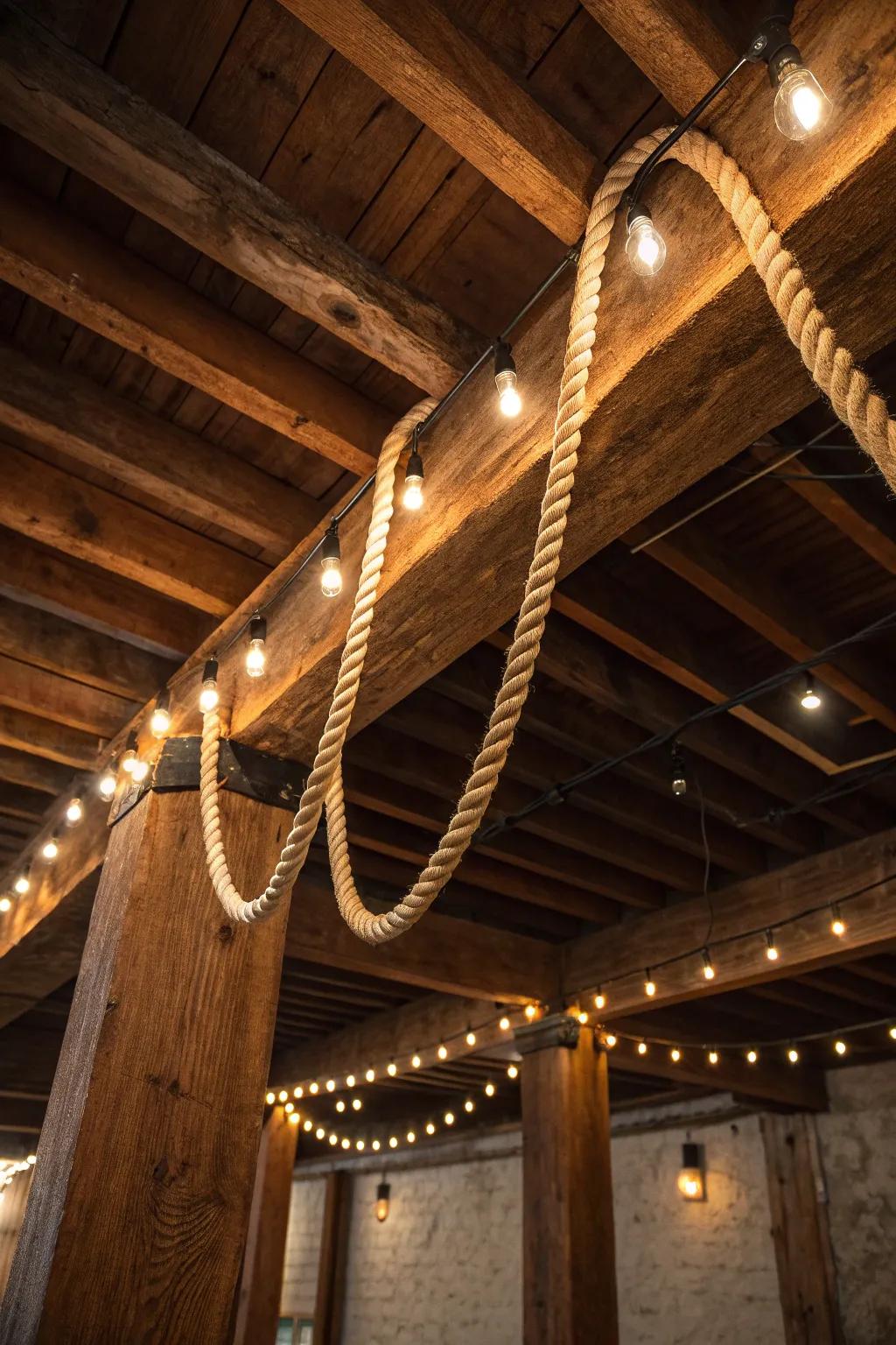 Transform your basement into a comfortable hideaway with enchanting string illumination around exposed girders.