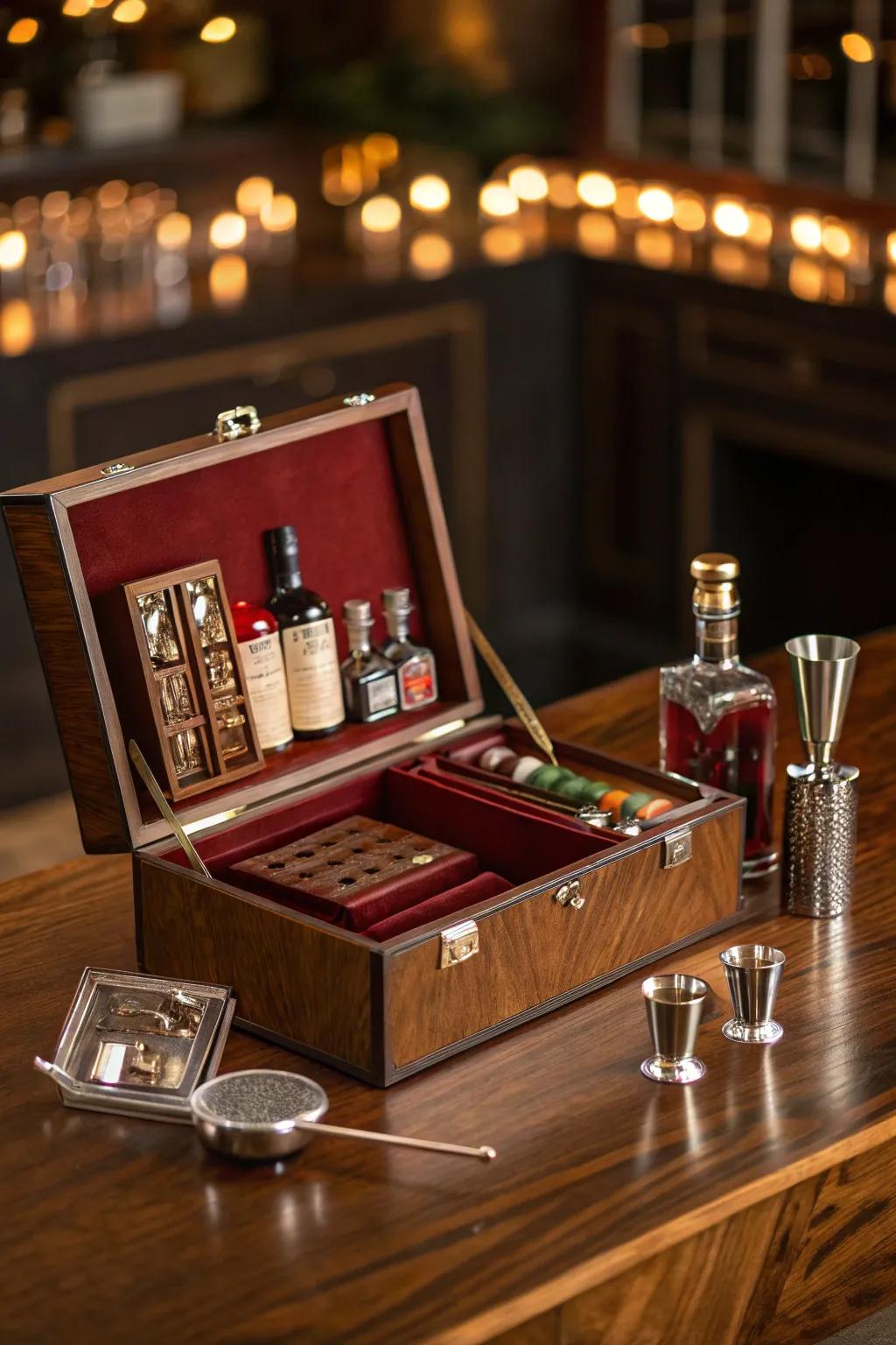 Turn a vintage cigar container into a striking mini bar – the perfect surprise for your next gathering!