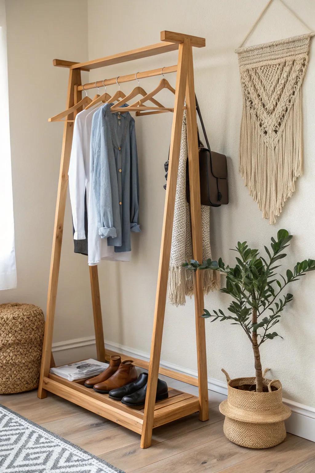 Transmute constricted dimensions into vogue stowage with this compact nook garment stand, where Scandinavian unclutteredness meets Boho charm.