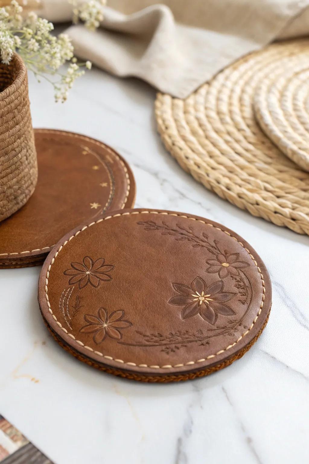 Transform old hide into elegant coasters with a personal element of stamped artistry.
