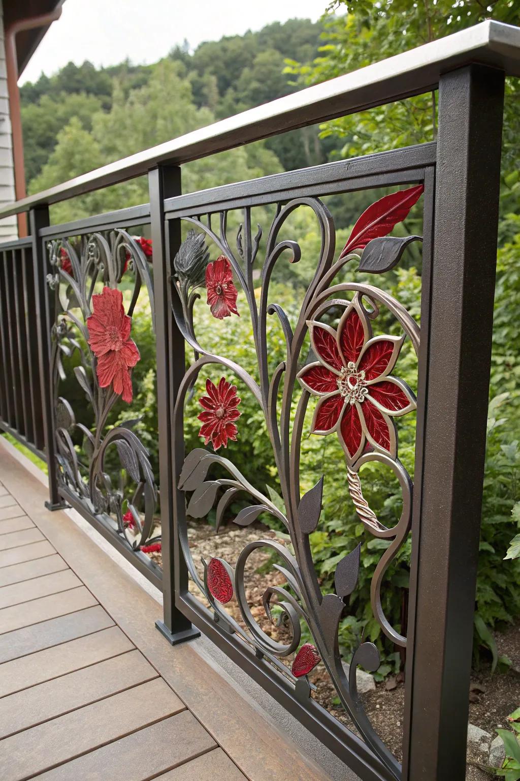Elevate your deck with artistic flair: Stunning floral metal sheets for a garden retreat vibe.