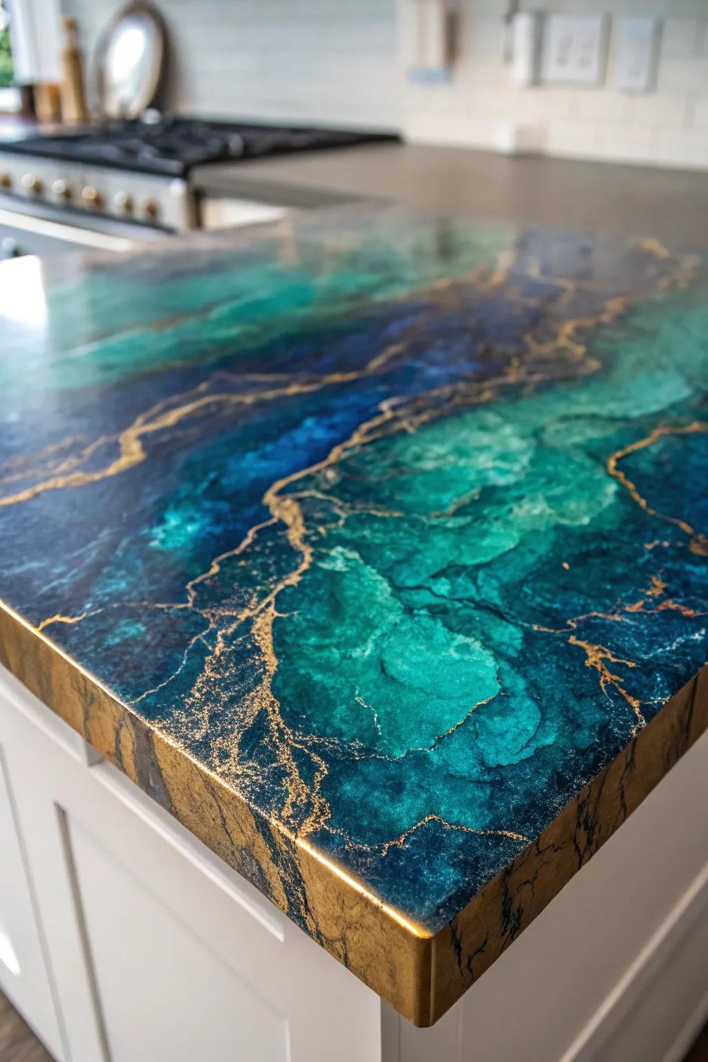 Transform your kitchen with the rugged elegance of three-dimensional epoxy surfaces.