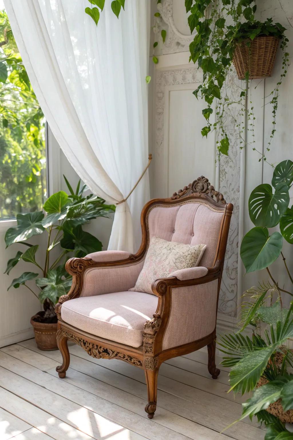 Incorporate a hint of vintage allure into your garden room through a lovingly restored arm seat that exudes timeless elegance.