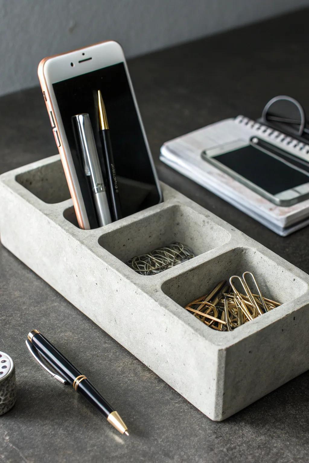 Intensify your workspace through an artisanal concrete escritoire organizer—where flair converges with functionality.