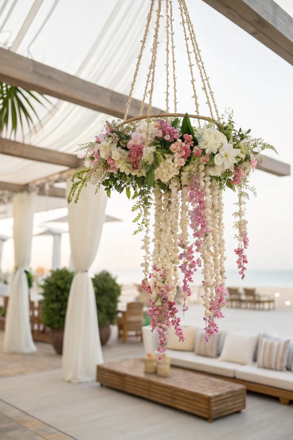 Elevate your outdoor lounge with a stunning floral chandelier that embodies elegance and natural beauty.