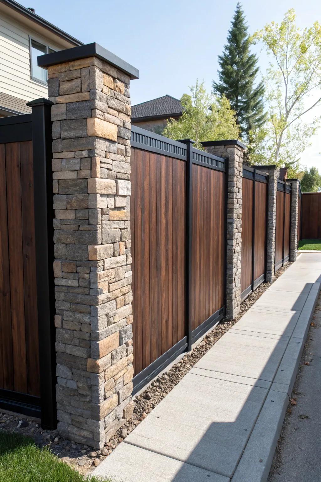 Elevate your outdoor space with a striking blended material screen that amalgamates timber, metal, and stone for a captivating aesthetic.