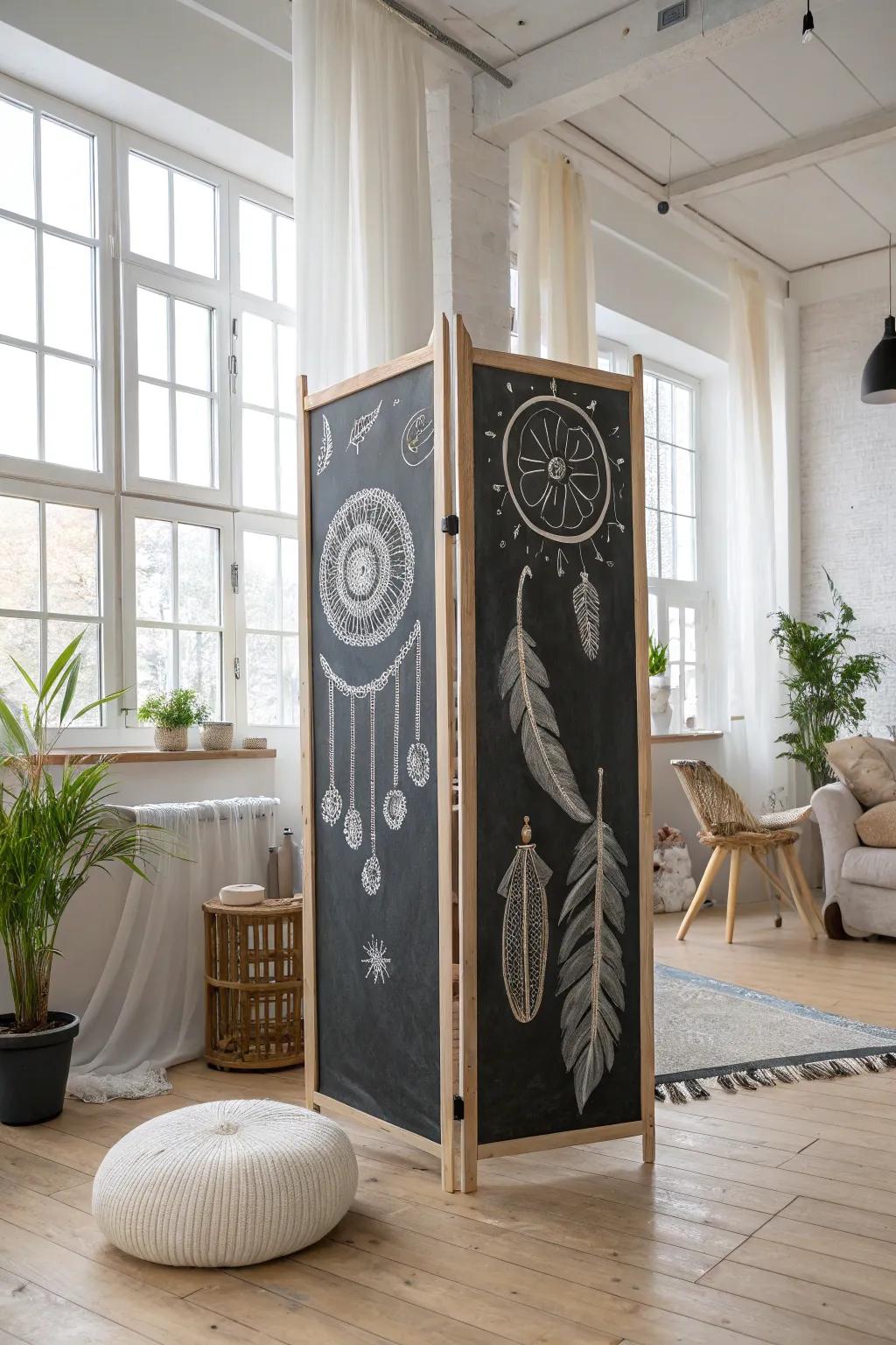 Unleash your ingenuity with a chalkboard room divider—a functional and artistic centerpiece for any minimalist space.