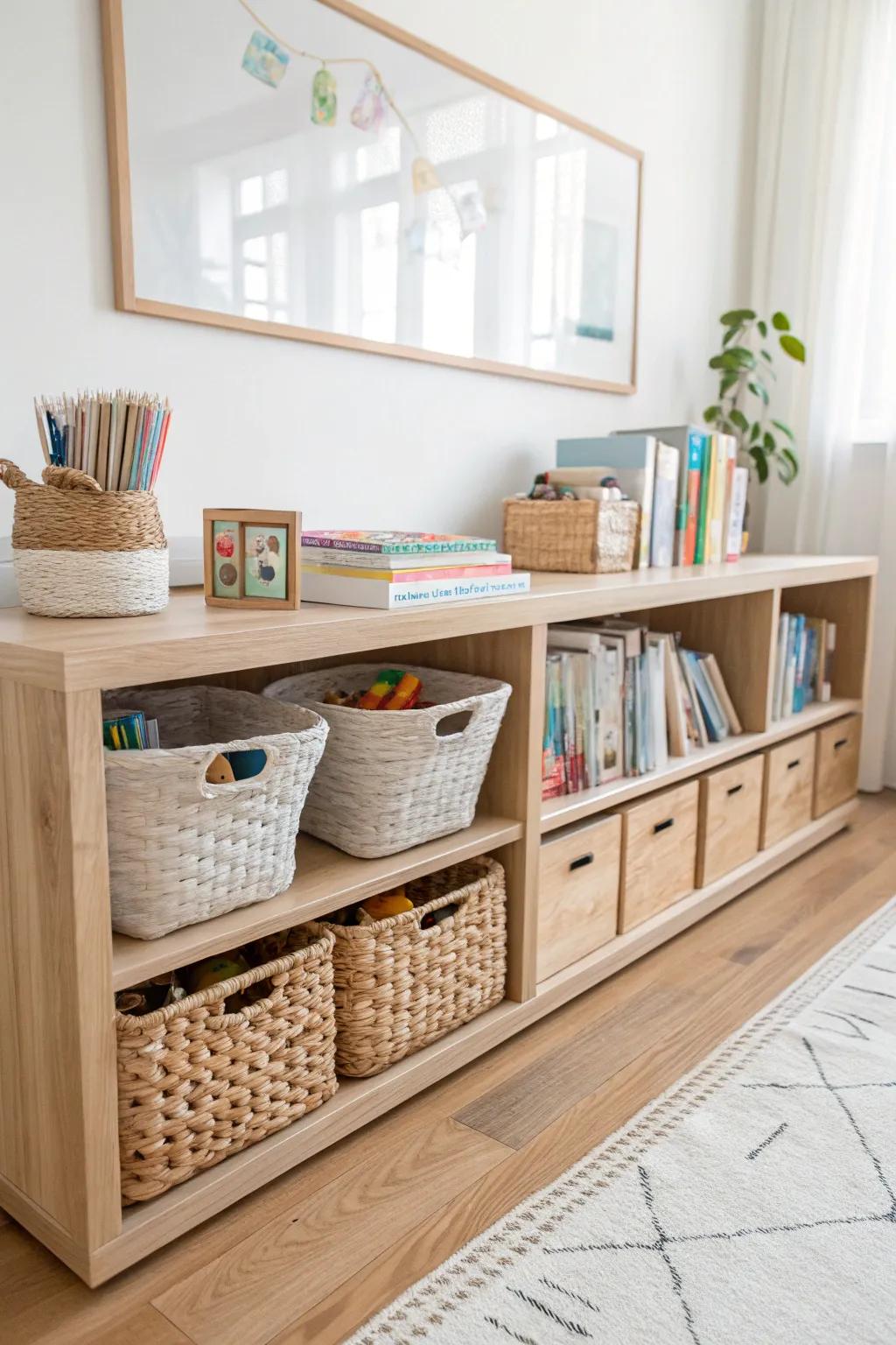 Transform your toy arrangement using Scandinavian charm and Boho flair: A repurposed bookshelf that integrates organization and style effortlessly.