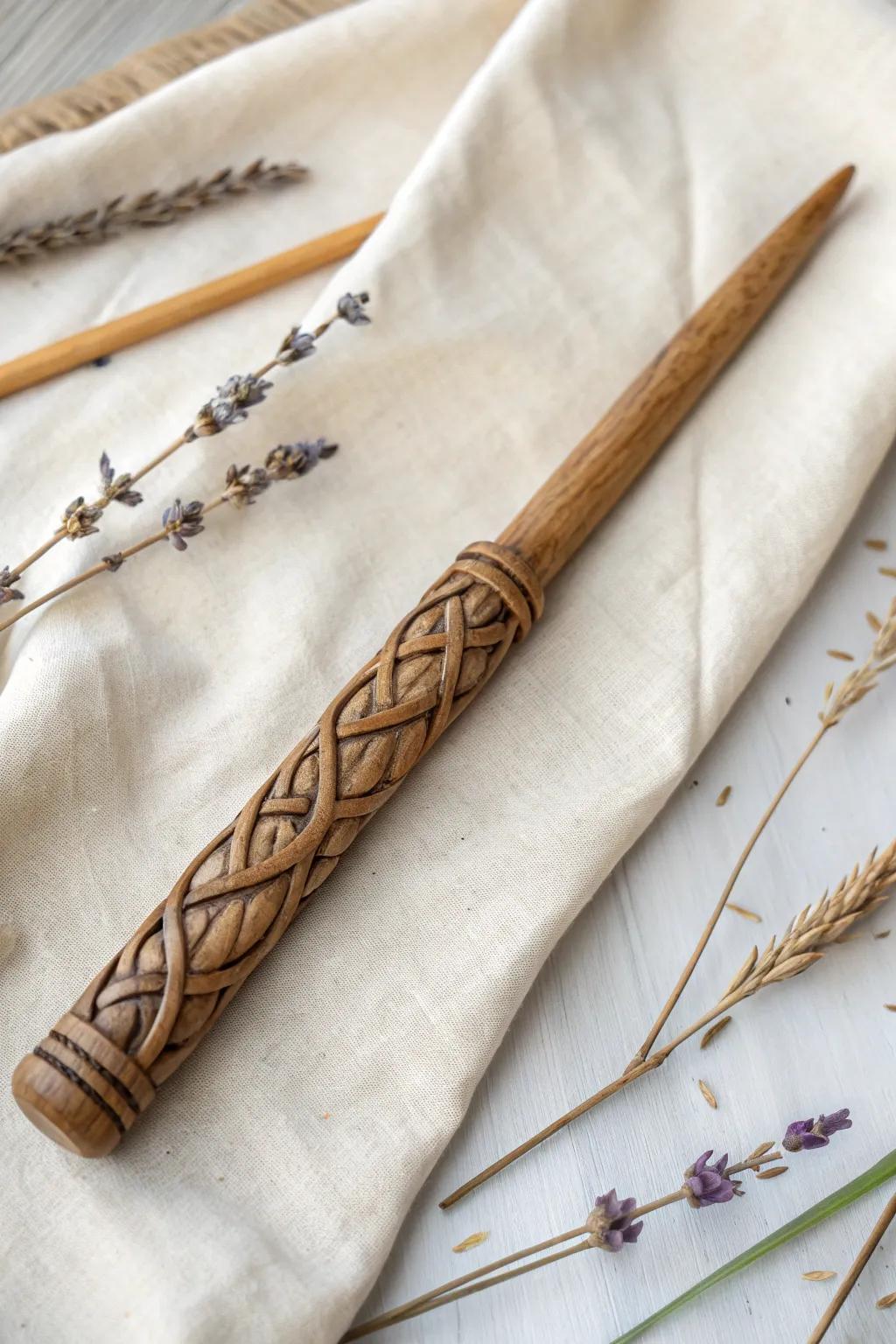 Celebrate the mystical allure of hand-tooled designs through this elegant wooden wand.