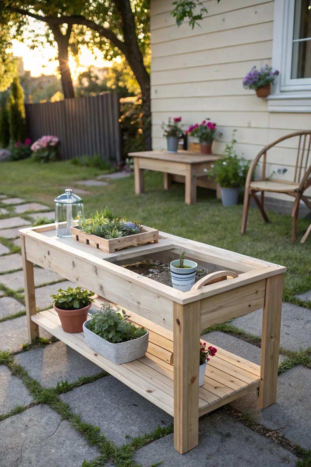Transform playtime into a serene garden venture with this minimalist DIY water table, encompassed by nature’s enchantment.