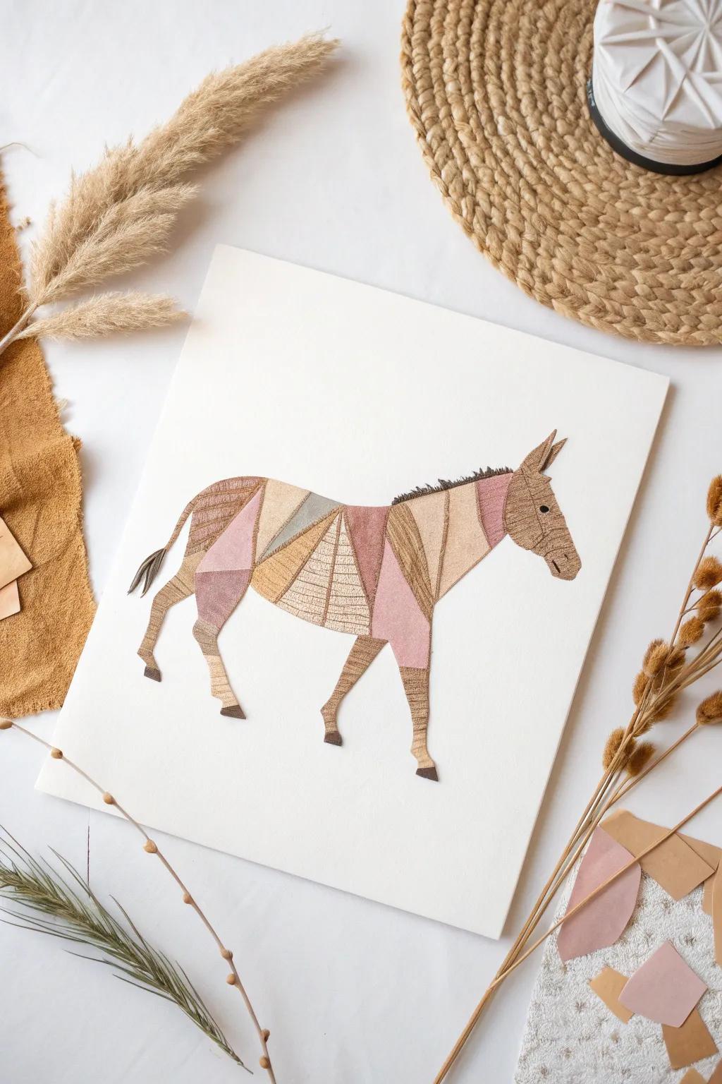 Craft a captivating donkey arrangement with a minimalist angle, intermingling textures and shades for a stunning artistic articulation.