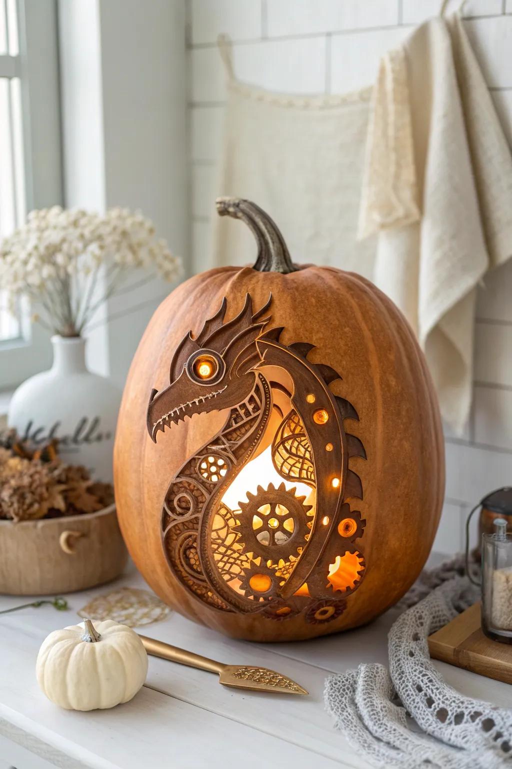 Free your inventive spirit with a mechanized dragon pumpkin, where fantasy meets artistry in a shine of copper and illumination.